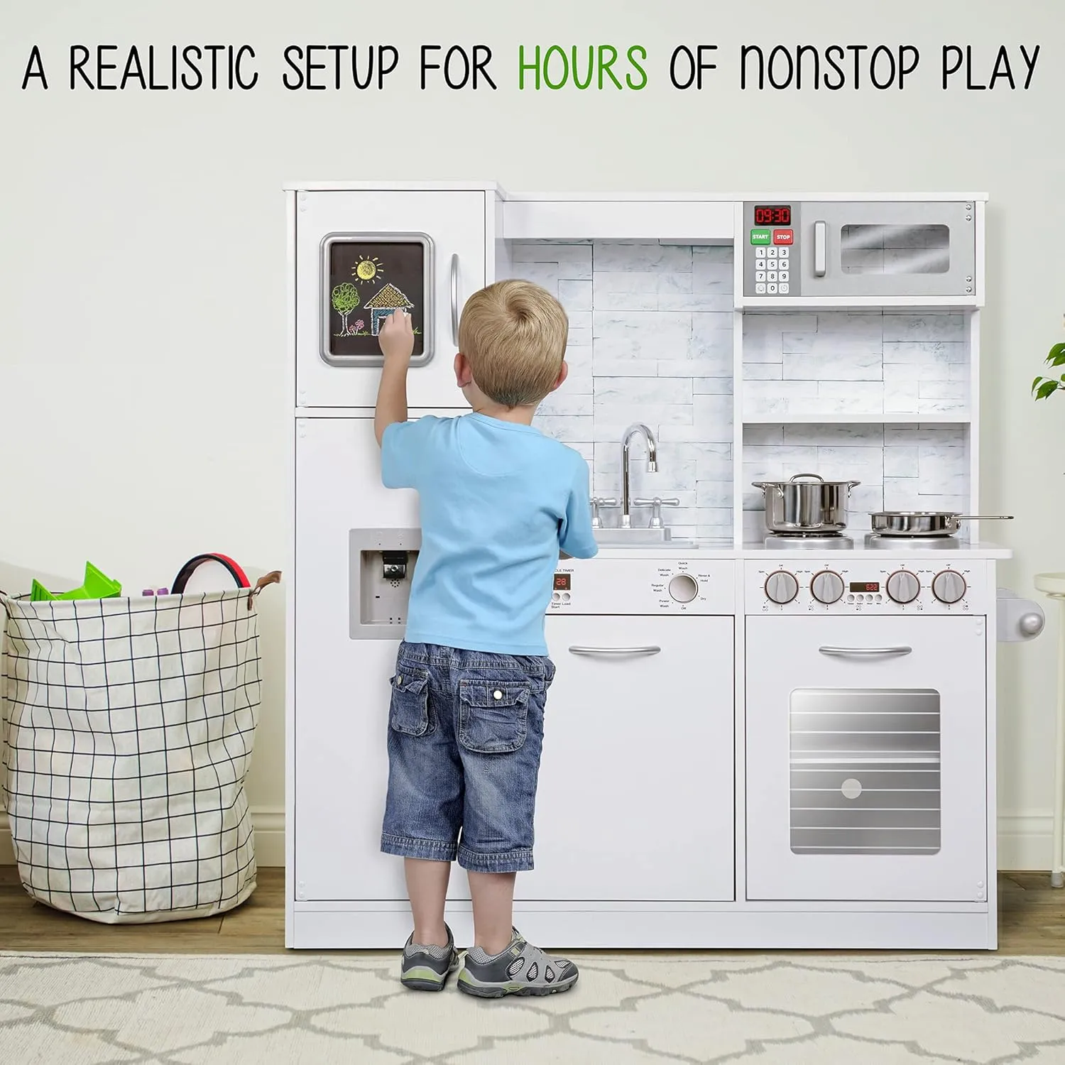 Lil' Jumbl Kids Kitchen Set, Pretend Wooden Play Kitchen, Battery Operated Icemaker & Microwave with Realistic Sound, Pots & Pan Included - White