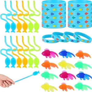 Liliful 90 Pieces Fishing Themed Party Favors with 30 Fish Themed Silicone Bracelets Wristbands, 30 Sticky Fish Toys, 30 Plastic Mini Goldfish for Fish Birthday Party Favors Decorations Supplies