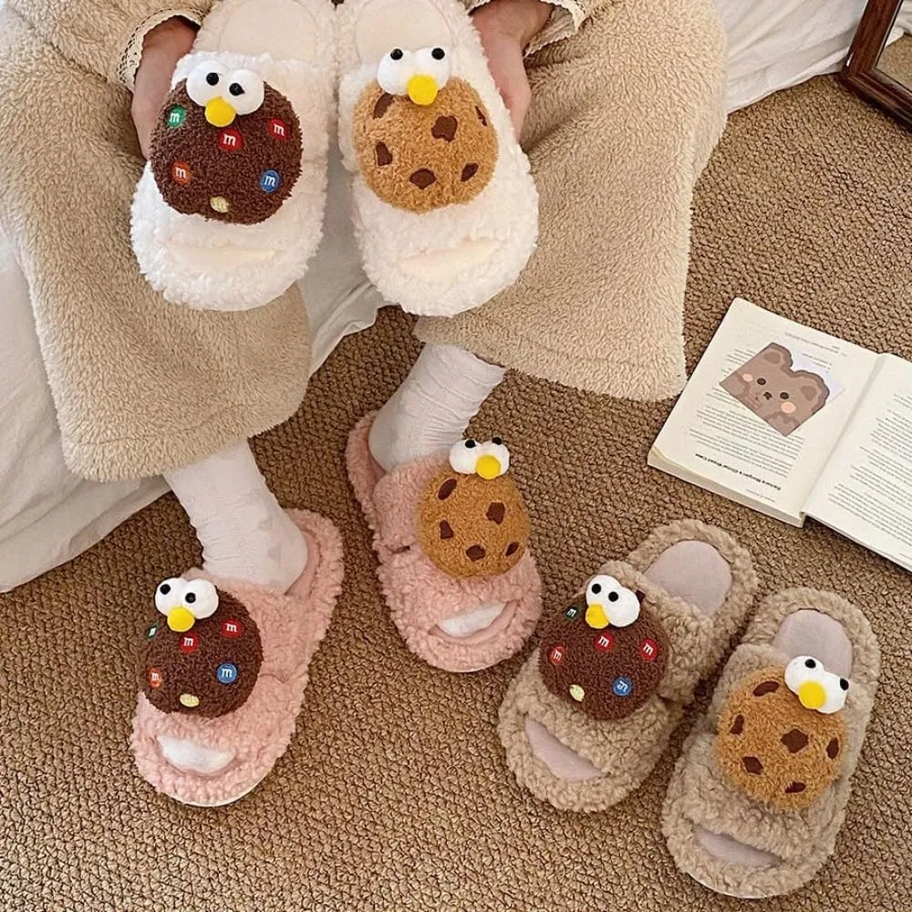 LilRoot Cute Cartoon Fuzzy Slippers for Winter Funny Cookie Fluffy Slippers Warm Soft Memory Foam Non-Slip Slippers for Women Lounging