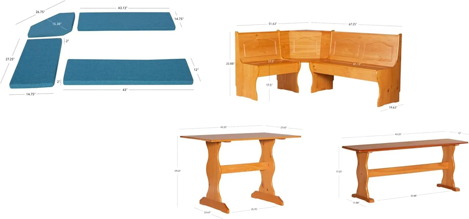 Linon Kitchen and Dining Nook Destin Solid Pine Wood Three Matching Four Piece Cushion Set, Natural & Vintage Blue