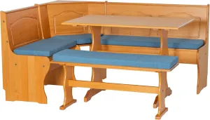Linon Kitchen and Dining Nook Destin Solid Pine Wood Three Matching Four Piece Cushion Set, Natural & Vintage Blue