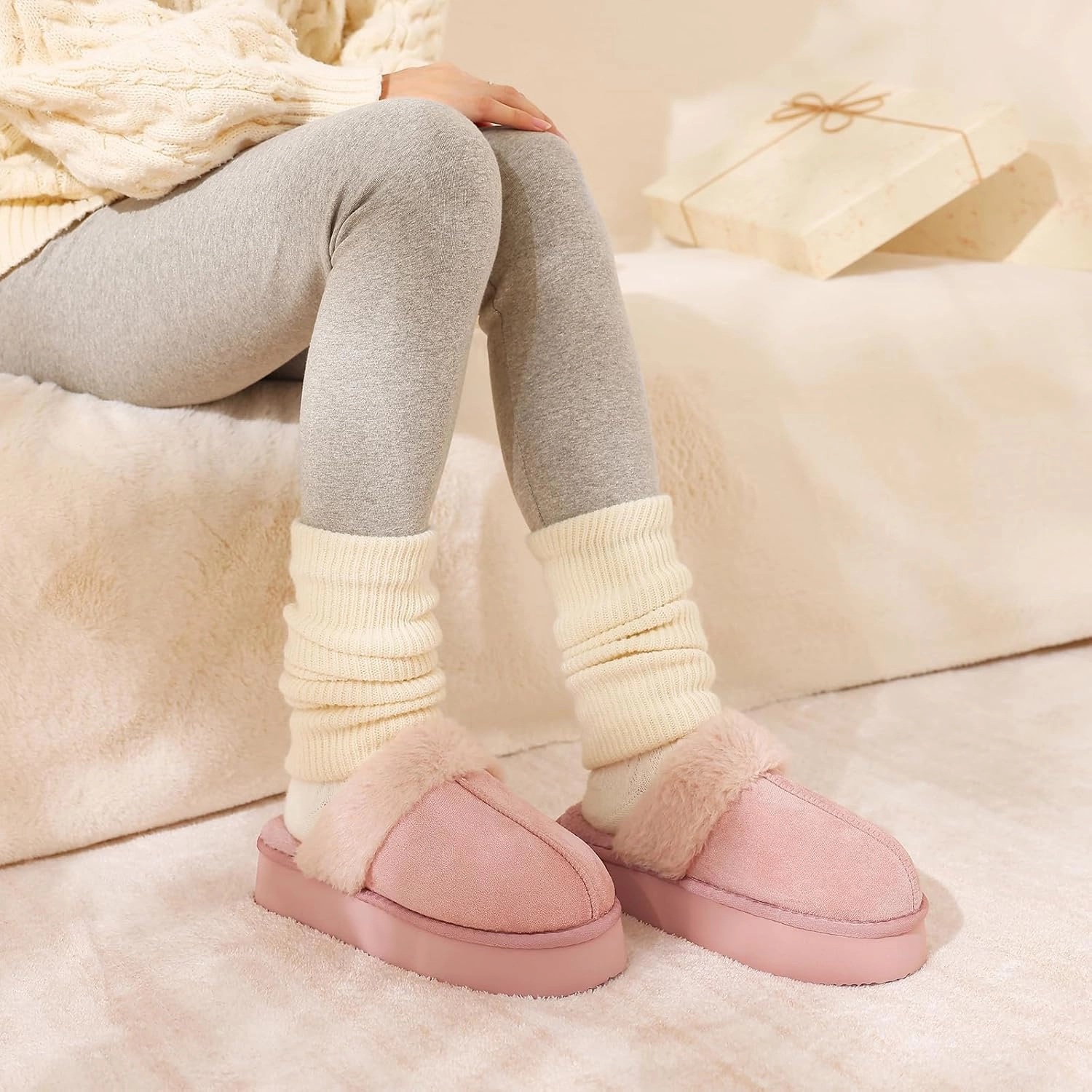 Litfun Womens Fuzzy Platform Slippers Fluffy Memory Foam Winter House Shoes for Indoor and Outdoor