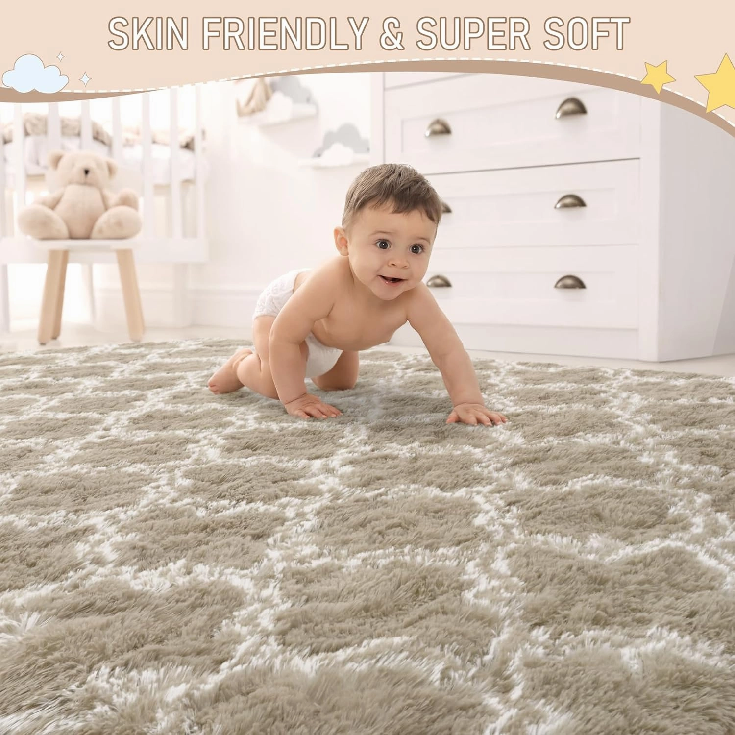 LOCHAS Luxury Shag Area Rug 2x6 Feet Geometric Plush Fluffy Rugs, Extra Soft Carpet Moroccan Rugs for Bedroom Living Room Dorm Kids, High Pile Shaggy Floor Rug Decor, Beige/White