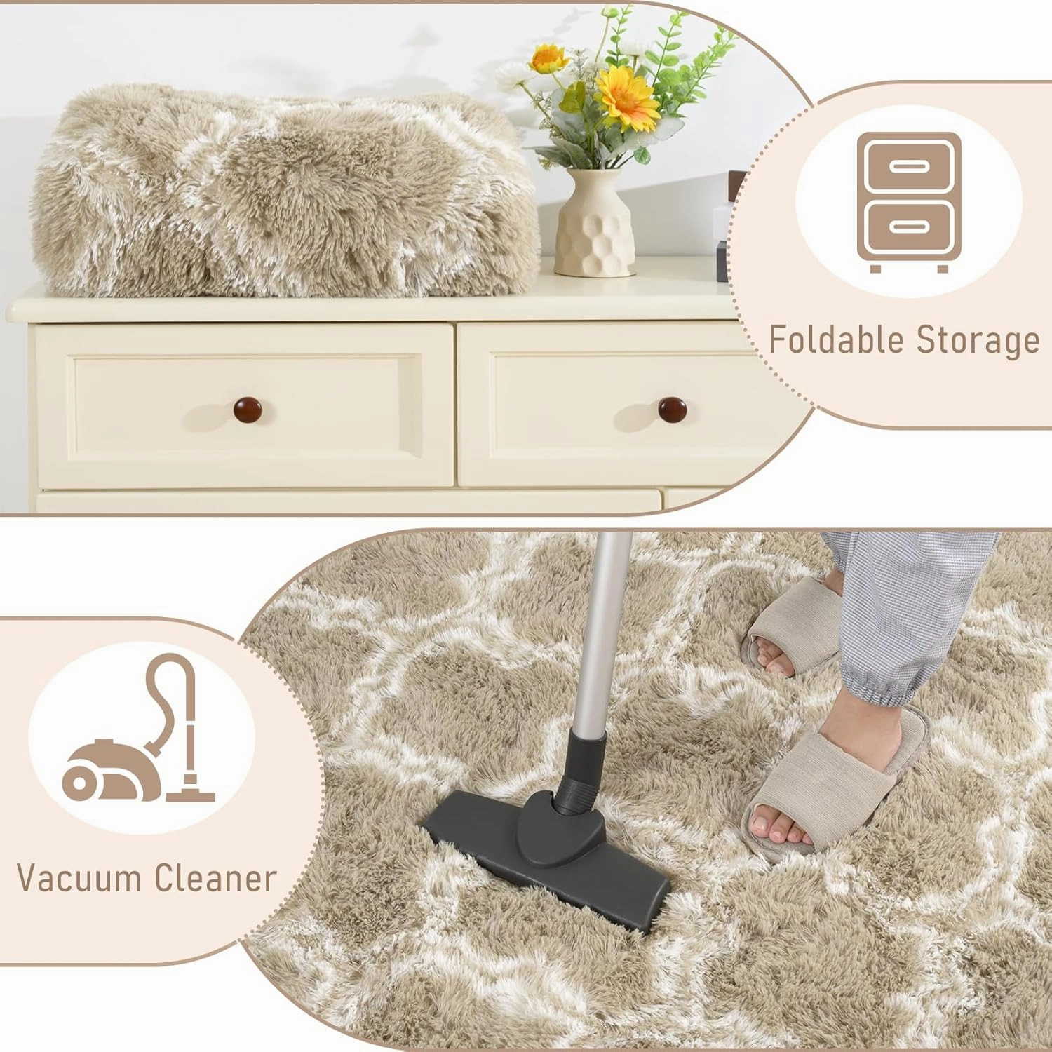 LOCHAS Luxury Shag Area Rug 2x6 Feet Geometric Plush Fluffy Rugs, Extra Soft Carpet Moroccan Rugs for Bedroom Living Room Dorm Kids, High Pile Shaggy Floor Rug Decor, Beige/White