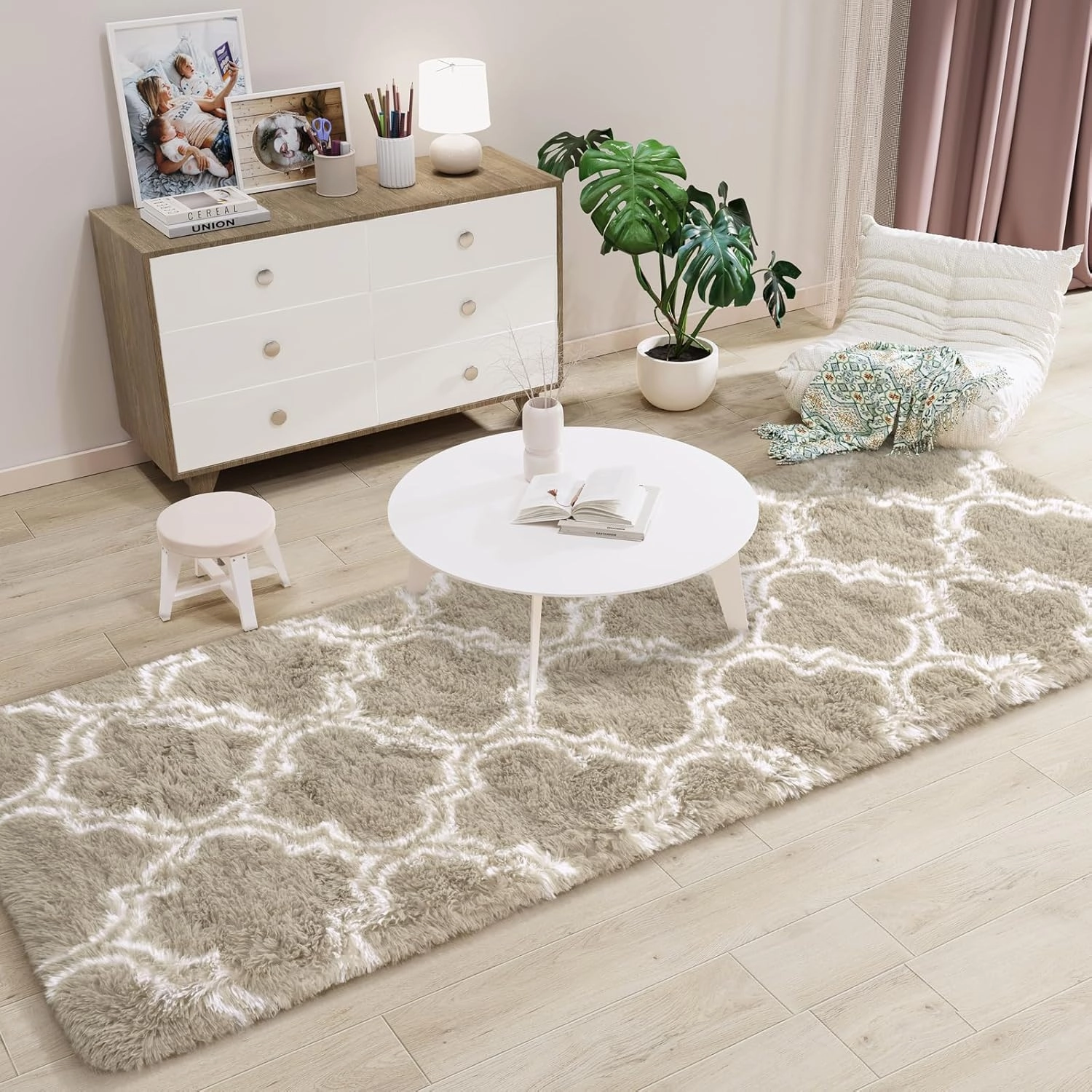 LOCHAS Luxury Shag Area Rug 2x6 Feet Geometric Plush Fluffy Rugs, Extra Soft Carpet Moroccan Rugs for Bedroom Living Room Dorm Kids, High Pile Shaggy Floor Rug Decor, Beige/White