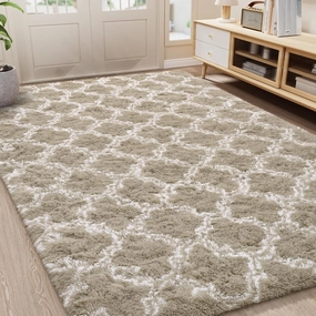 LOCHAS Luxury Shag Area Rug 2x6 Feet Geometric Plush Fluffy Rugs, Extra Soft Carpet Moroccan Rugs for Bedroom Living Room Dorm Kids, High Pile Shaggy Floor Rug Decor, Beige/White