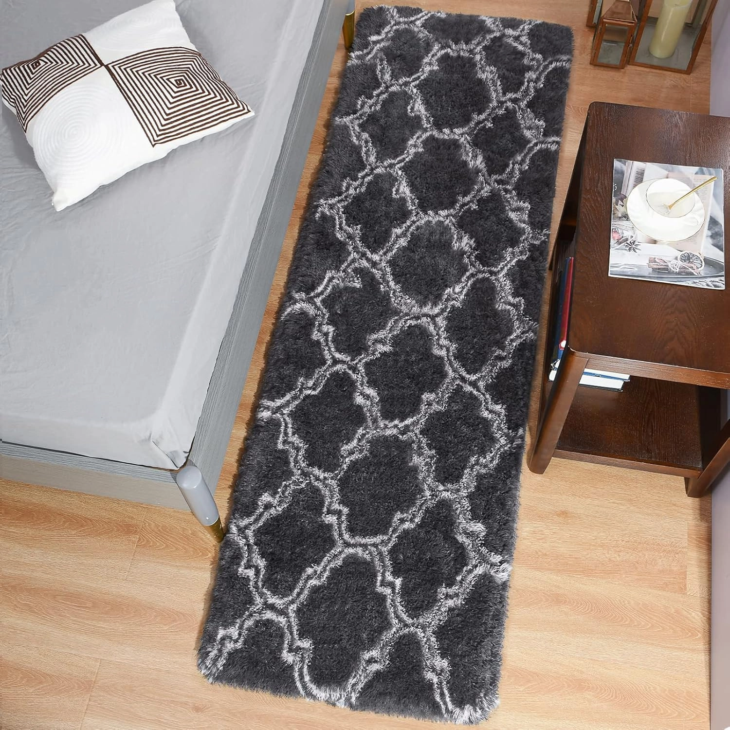 LOCHAS Luxury Shag Area Rug 2x6 Feet Geometric Plush Fluffy Rugs, Extra Soft Carpet Moroccan Rugs for Bedroom Living Room Dorm Kids, High Pile Shaggy Floor Rug Decor, Dark Grey/White