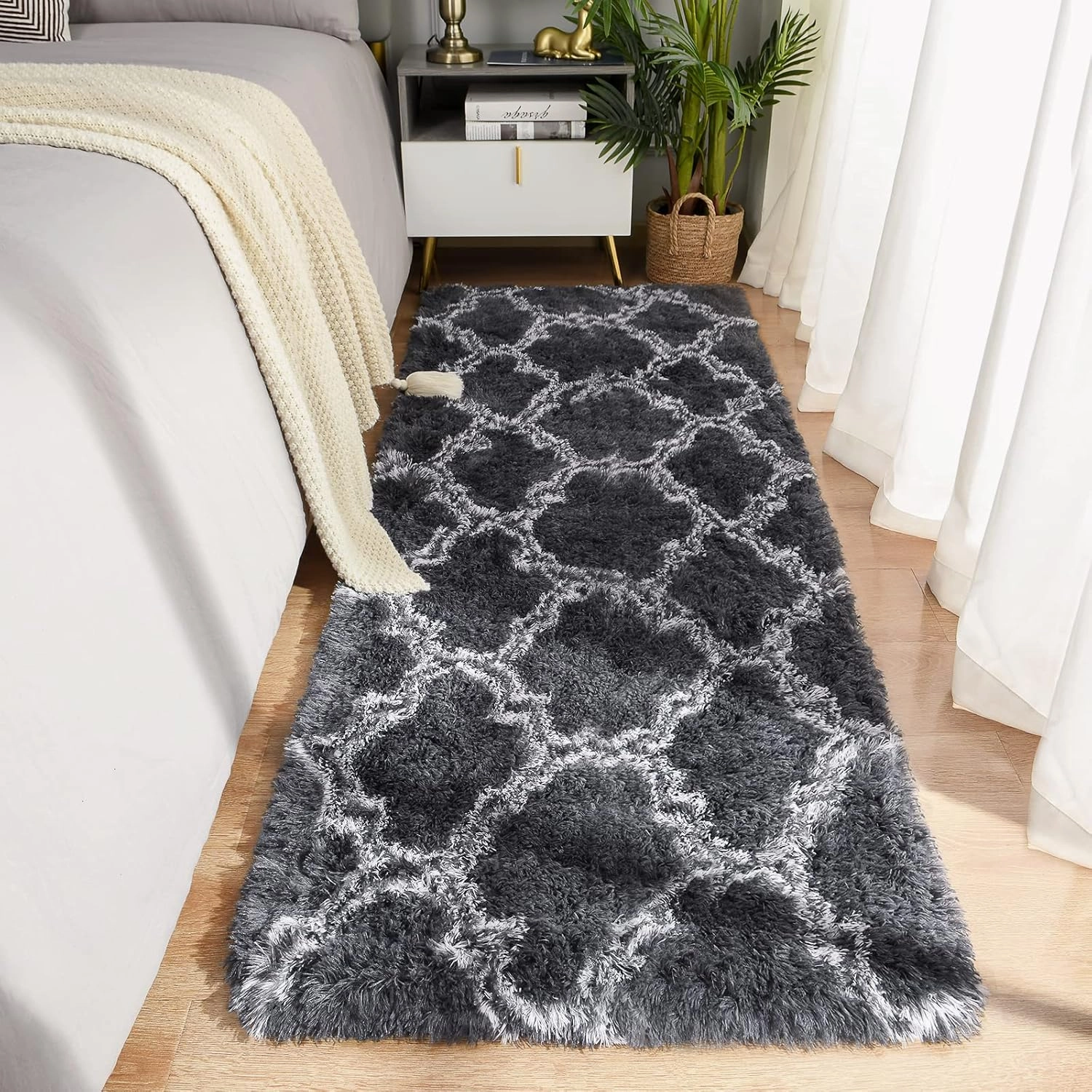 LOCHAS Luxury Shag Area Rug 2x6 Feet Geometric Plush Fluffy Rugs, Extra Soft Carpet Moroccan Rugs for Bedroom Living Room Dorm Kids, High Pile Shaggy Floor Rug Decor, Dark Grey/White