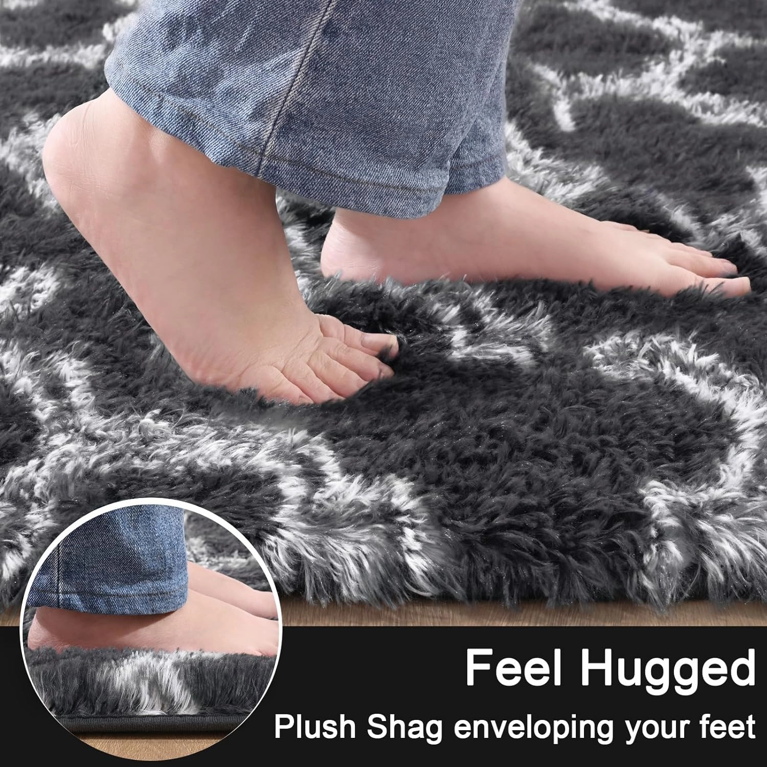 LOCHAS Luxury Shag Area Rug 2x6 Feet Geometric Plush Fluffy Rugs, Extra Soft Carpet Moroccan Rugs for Bedroom Living Room Dorm Kids, High Pile Shaggy Floor Rug Decor, Dark Grey/White