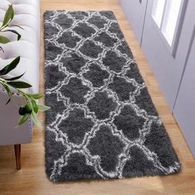 LOCHAS Luxury Shag Area Rug 2x6 Feet Geometric Plush Fluffy Rugs, Extra Soft Carpet Moroccan Rugs for Bedroom Living Room Dorm Kids, High Pile Shaggy Floor Rug Decor, Dark Grey/White