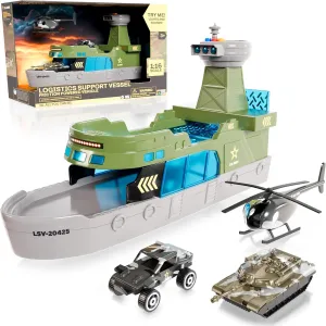 Lollipop U.S Army Toy Logistics Support Vessel - Friction Powered Vehicle with Lights and Sounds - Includes Helicopter, Strike Buggy and Battle Tank - Great Playtime for Kids 3 