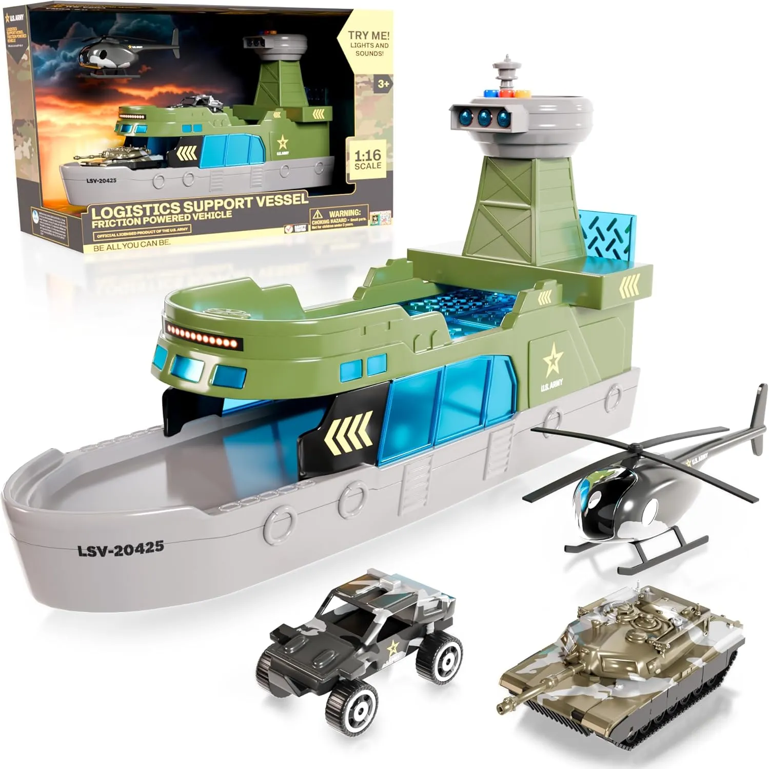 Lollipop U.S Army Toy Logistics Support Vessel - Friction Powered Vehicle with Lights and Sounds - Includes Helicopter, Strike Buggy and Battle Tank - Great Playtime for Kids 3 