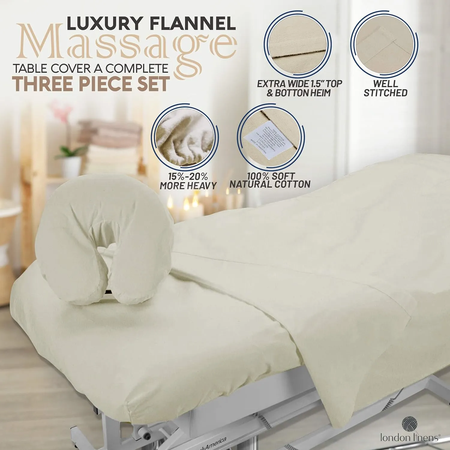 LONDON LINENS Extra Thick 3 Piece Set Massage Table Sheets Set - 100% Natural Cotton Flannel - Includes Massage Table Cover, Massage Fitted Sheet, and Massage Face Rest Cover (Natural)