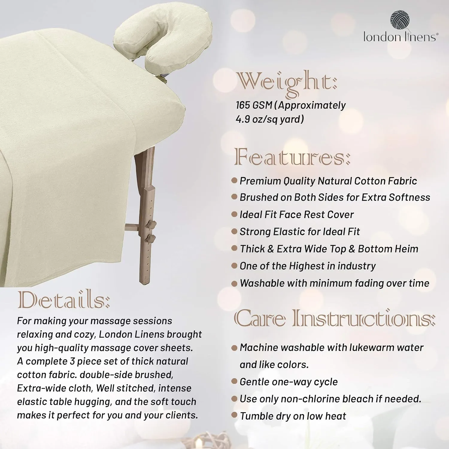 LONDON LINENS Extra Thick 3 Piece Set Massage Table Sheets Set - 100% Natural Cotton Flannel - Includes Massage Table Cover, Massage Fitted Sheet, and Massage Face Rest Cover (Natural)