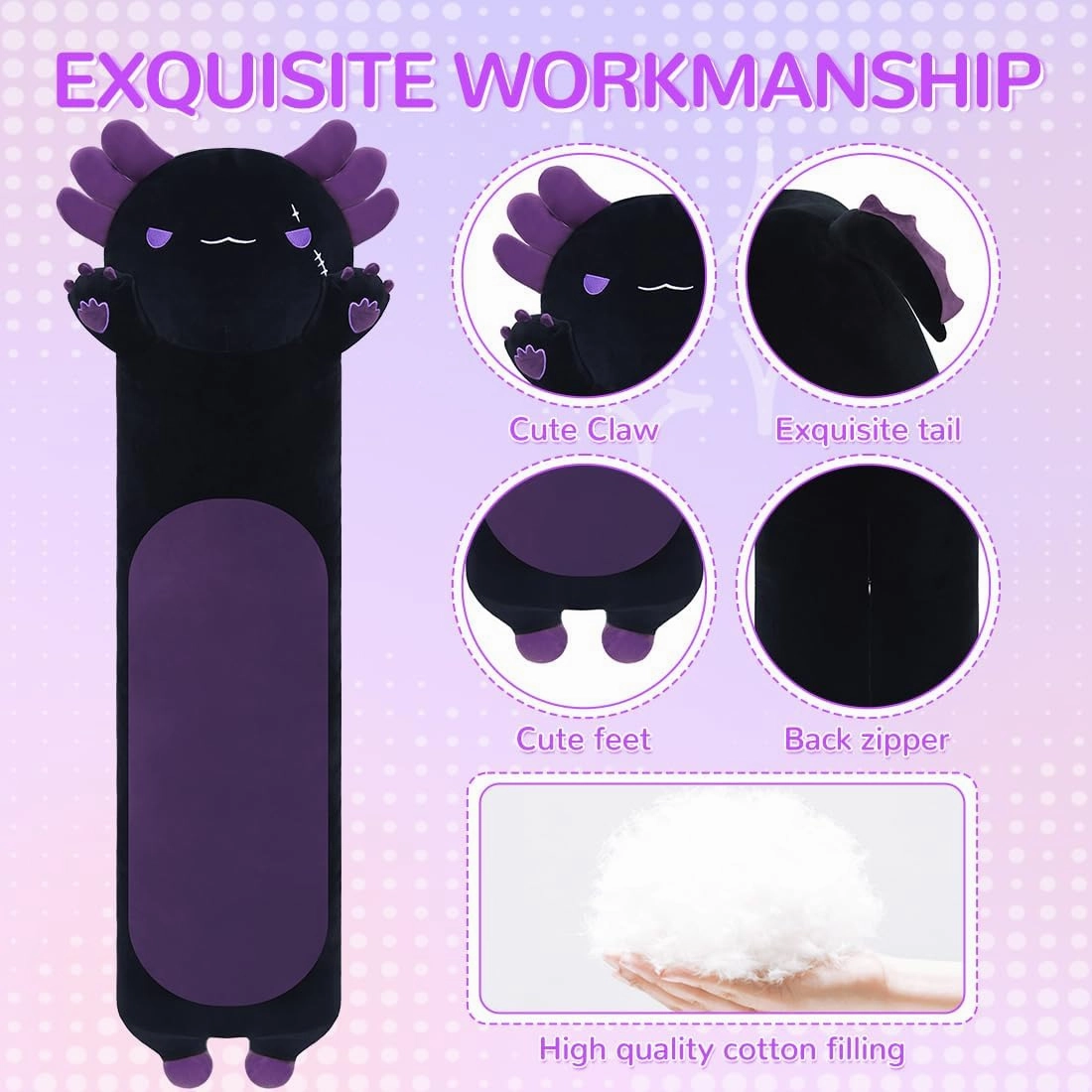 Long Axolotl Stuffed Animals, Soft Long Axolotl Plush Pillow Cute Axolotl Plush Body Pillow Gifts for Kids Girlfriend(Black&Purple,90cm)