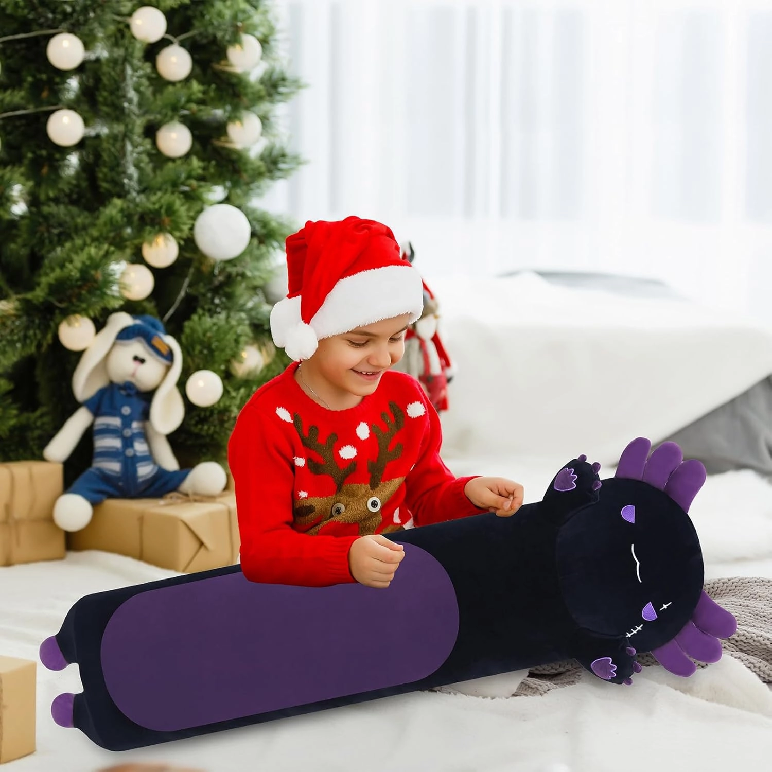 Long Axolotl Stuffed Animals, Soft Long Axolotl Plush Pillow Cute Axolotl Plush Body Pillow Gifts for Kids Girlfriend(Black&Purple,90cm)