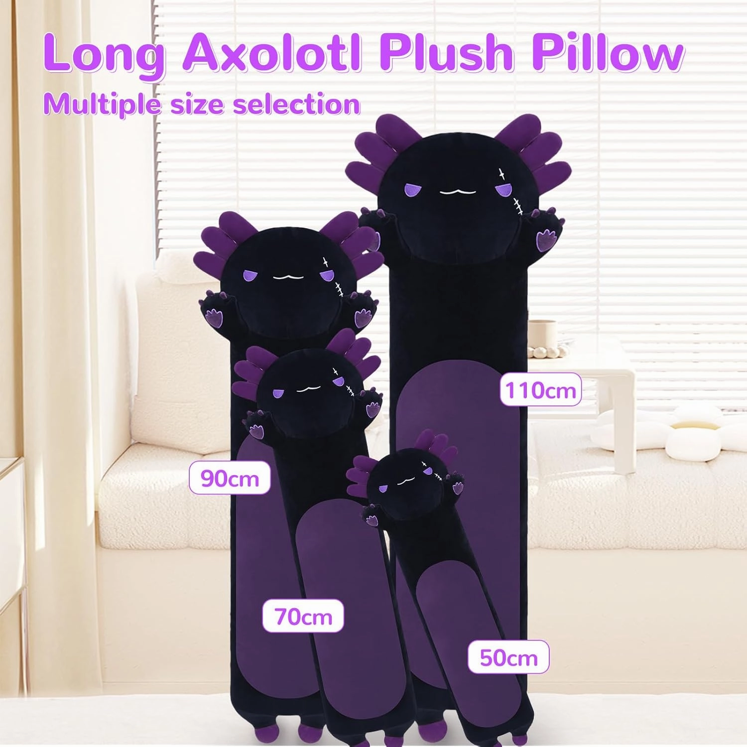 Long Axolotl Stuffed Animals, Soft Long Axolotl Plush Pillow Cute Axolotl Plush Body Pillow Gifts for Kids Girlfriend(Black&Purple,90cm)