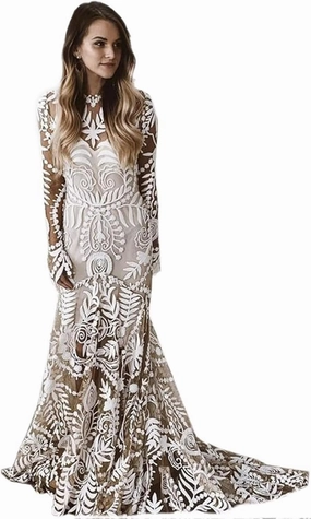 Lorencia Women's 2 Pieces Lace Westen Wedding Dress Long Sleeve V Neck Mermaid Formal Dress with Train LN025