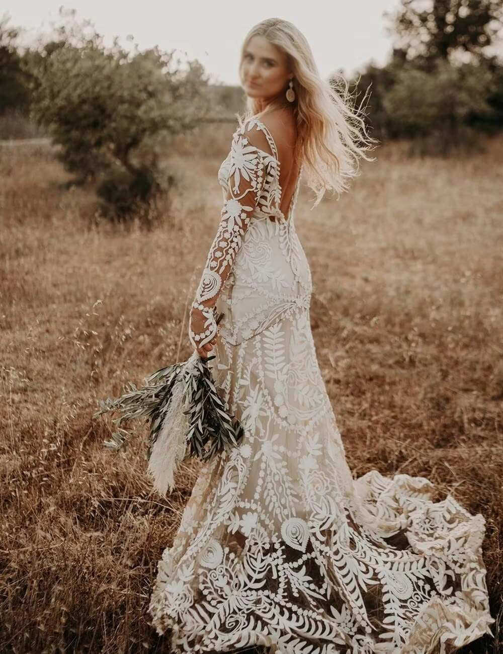 Lorencia Women's 2 Pieces Lace Westen Wedding Dress Long Sleeve V Neck Mermaid Formal Dress with Train LN025