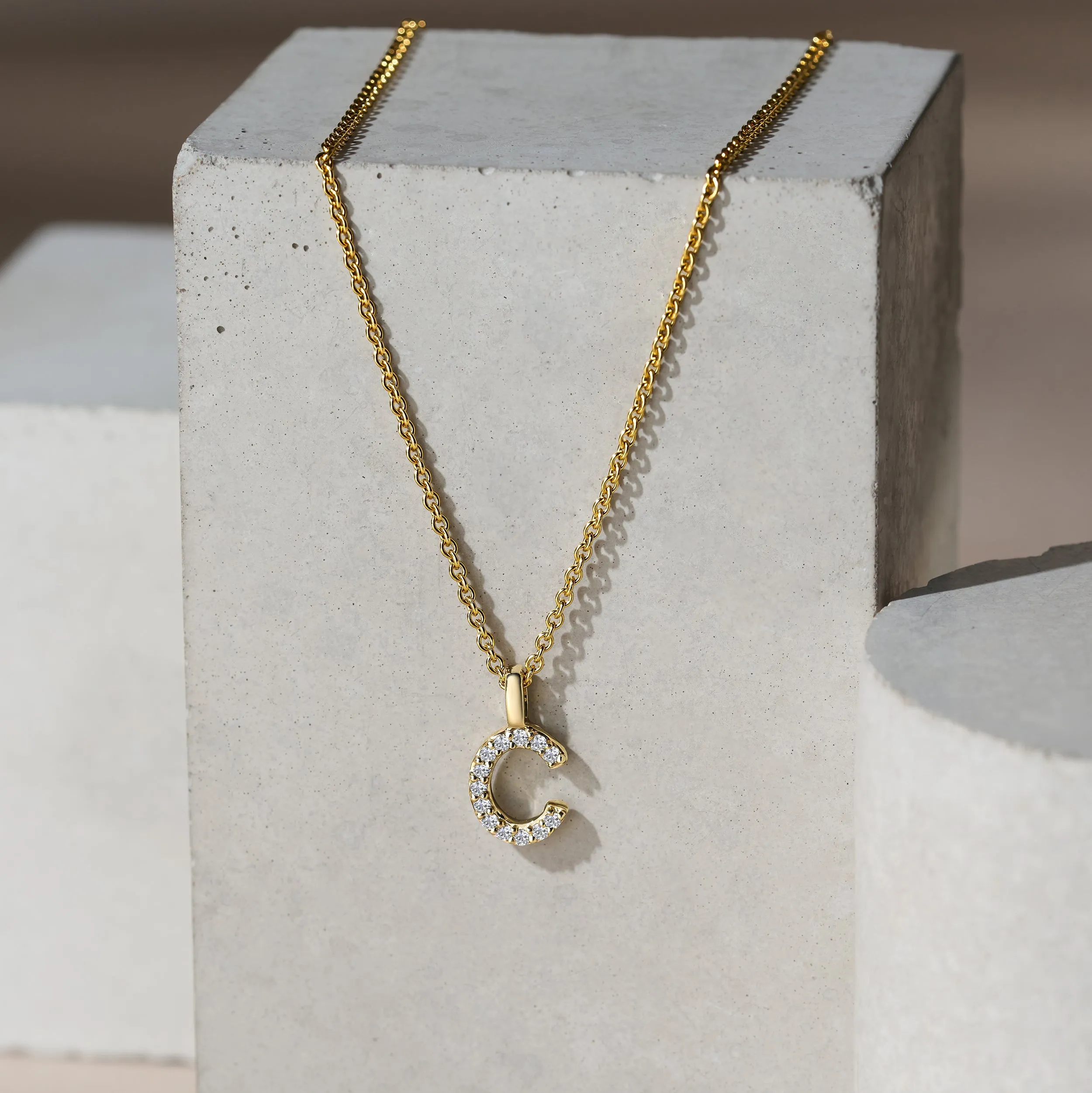 Love Letter Initial C Lab Diamond Necklace set in 9K Yellow Gold