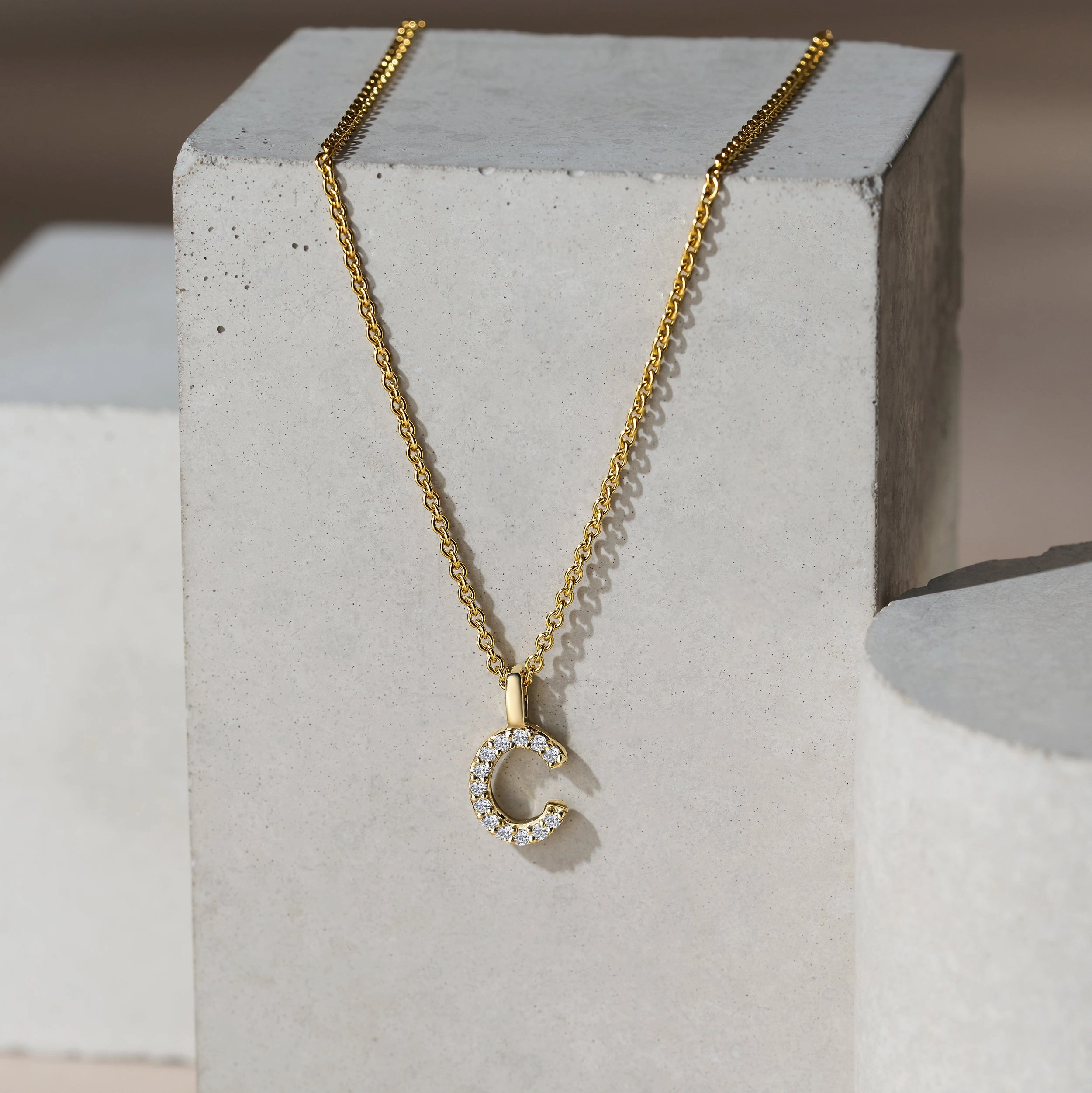 Love Letter Initial C Lab Diamond Necklace set in 9K Yellow Gold