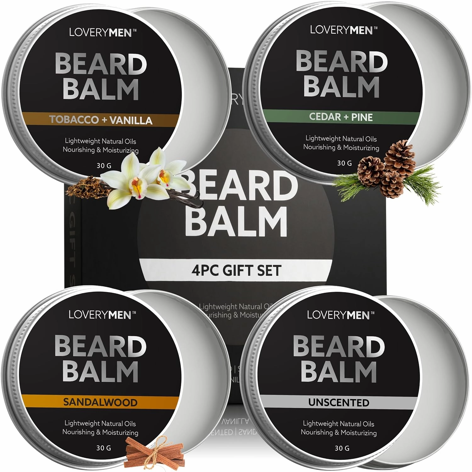 LOVERY Beard Balm for Men, Gift Set in Unscented, Sandalwood, Tobacco Vanilla, Cedar Pine Fragrances, All-Natural Wax, Cream Softener Butter, 4 Pack