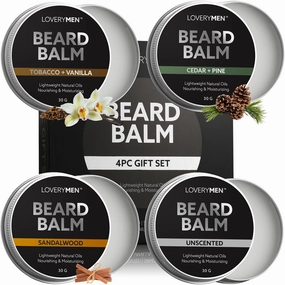 LOVERY Beard Balm for Men, Gift Set in Unscented, Sandalwood, Tobacco Vanilla, Cedar Pine Fragrances, All-Natural Wax, Cream Softener Butter, 4 Pack