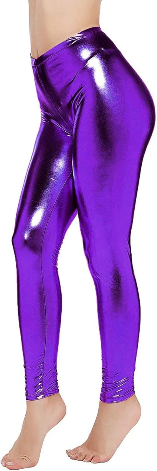 Loxdonz Women Wet Look Shiny Metallic Leggings Liquid Waist Stretch Pants