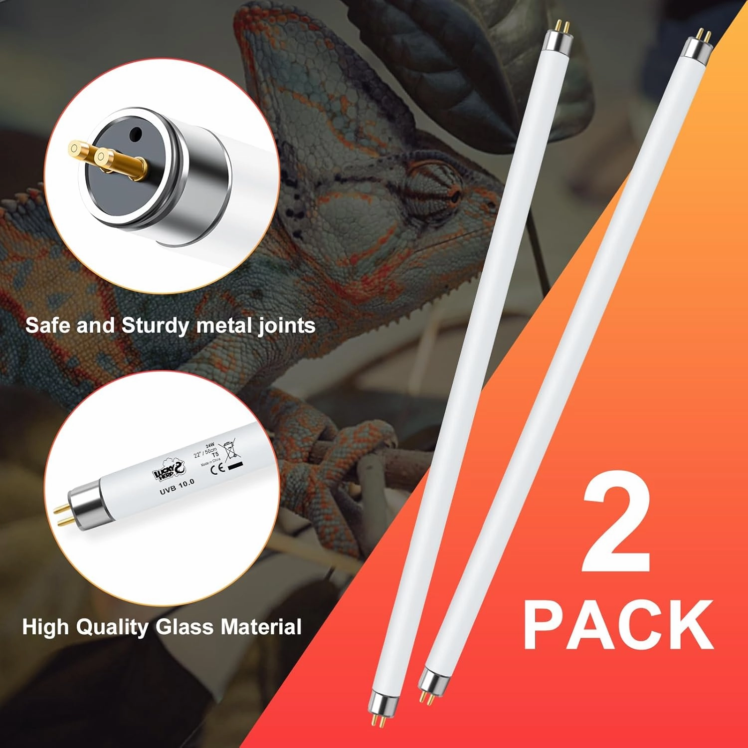 LUCKY HERP 2 Pack T5 UVB 10.0 Reptile Light 24W, UVA UVB Fluorescent Lamp Tube, UVB Lighting Bulb for Turtles, Chameleon, Tortoises, Lizard