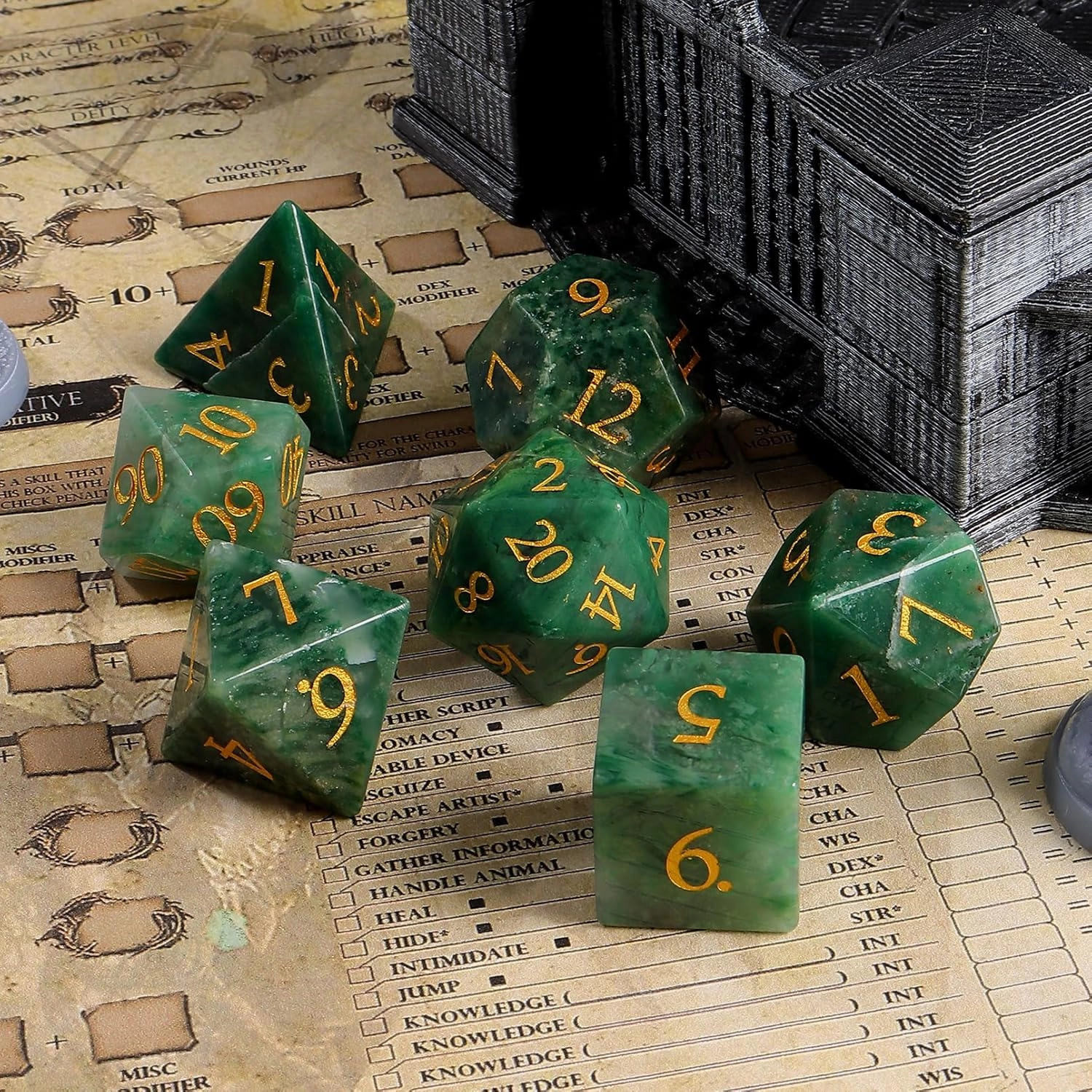 LUCKY-M Stone DND Set, African Jade Dice for Dungeons and Dragons and Role Playing Game, D&D Accessorie With Dice Case