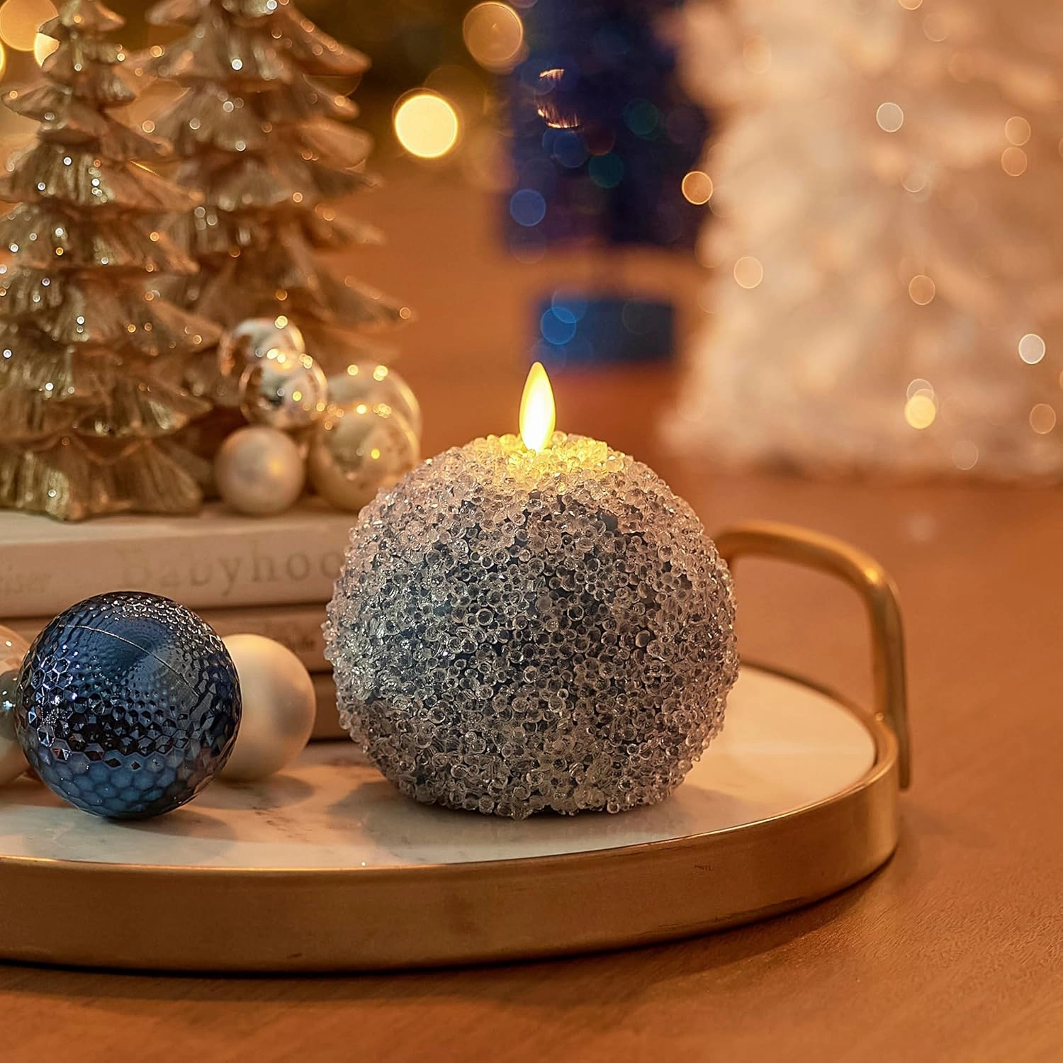Luminara - Flameless Holiday Crystal Beads Glitter Sphere Candle - Spring Lake - Pack of 1-4x4.25 - Auto Timer Built-in 5-Hour Timer Indoor Use