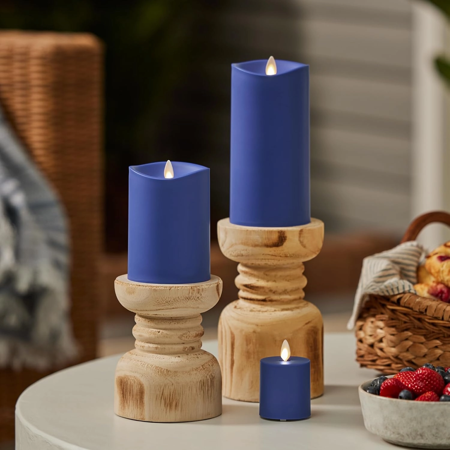 Luminara Outdoor Flameless LED Candle, Vivid Ultramarine 3.25" x 7", Moving Flame Pillar Timer Battery Operated Premium Plastic IPX4 Water Resistance