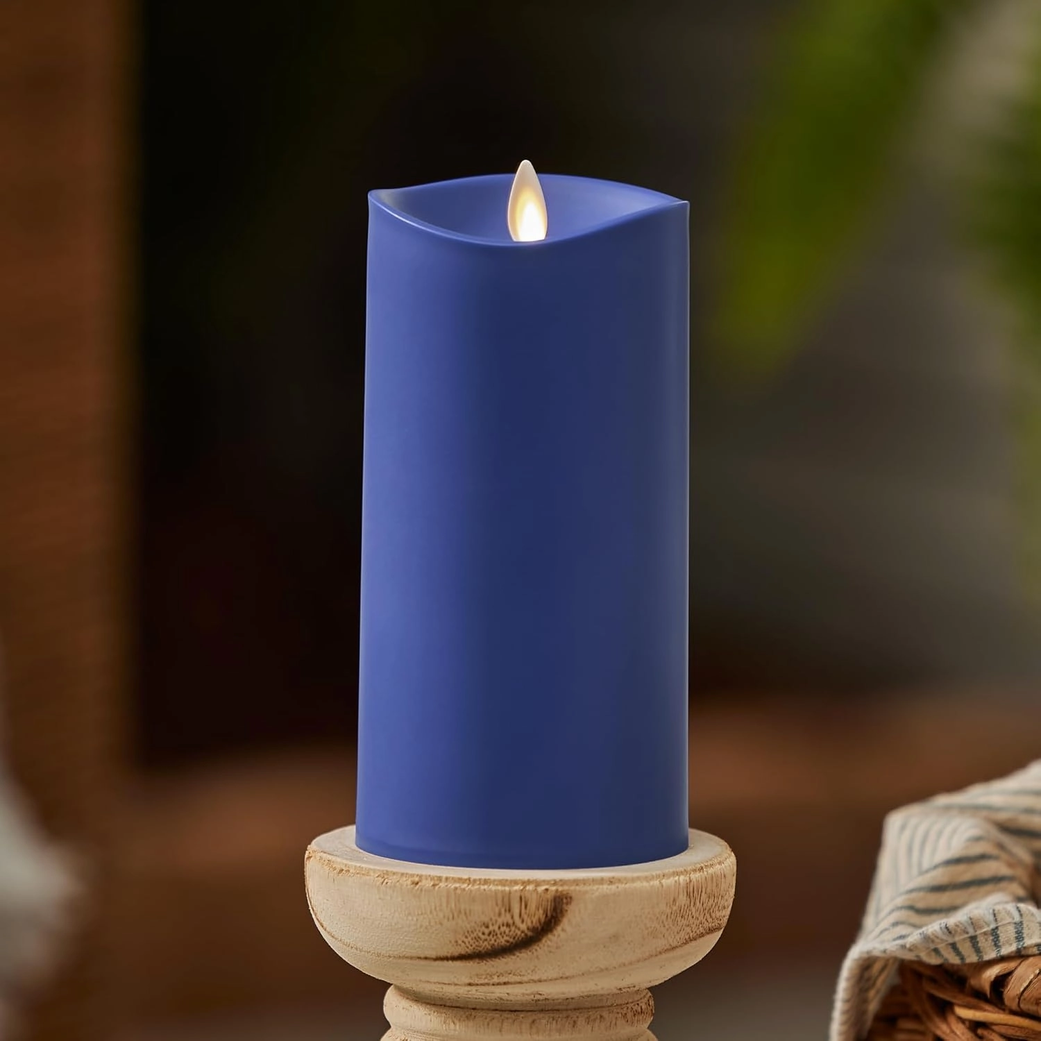 Luminara Outdoor Flameless LED Candle, Vivid Ultramarine 3.25" x 7", Moving Flame Pillar Timer Battery Operated Premium Plastic IPX4 Water Resistance