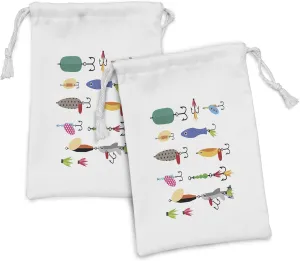 Lunarable Fishing Fabric Pouch Set of 2, Elements of Fishing Line with Stringer Net Bite Indicators Worms Waders Hunt Image, Small Drawstring Bag for Toiletries Masks and Favors, 9" x 6", Multicolor