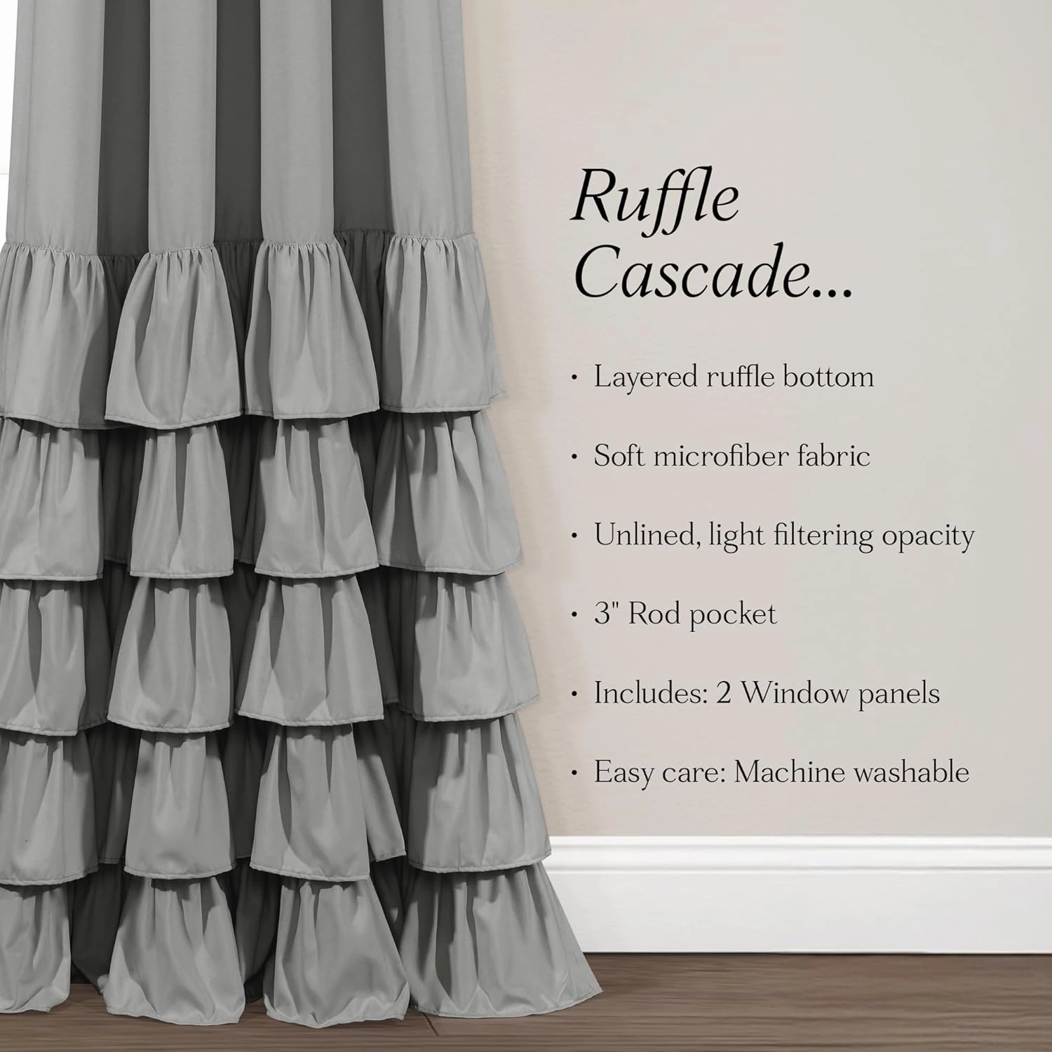 Lush Decor Allison Ruffle Window Curtain Panel Pair, 84" Long x 40" Wide, Dark Gray