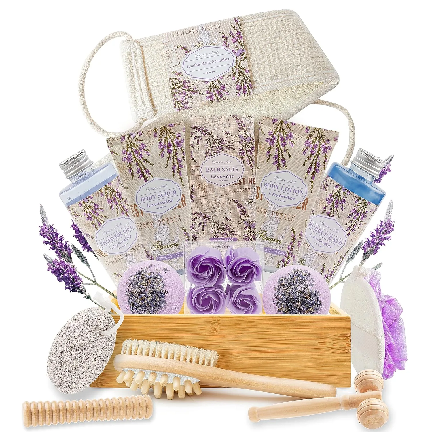 Luxury Spa Gift Baskets for Women in Lavender Essential, Christmas Birthday Gifts for Mom, 18pcs Bath Body Home Spa for Pampering Self Care with Bubble Bath Lotion Massager Roller Loofah scrubber