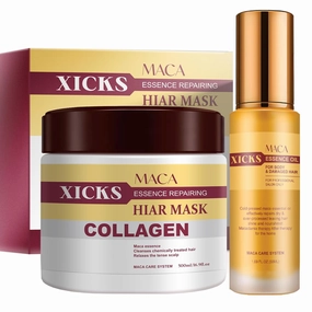 Maca Collagen Essence Repairing Hair Mask(16.9 oz) & Maca Essence Oil Set (1.69 oz)- Deep Conditioning Treatment for Damaged, Dry Hair - Restores Shine, Add Strength & Elasticity