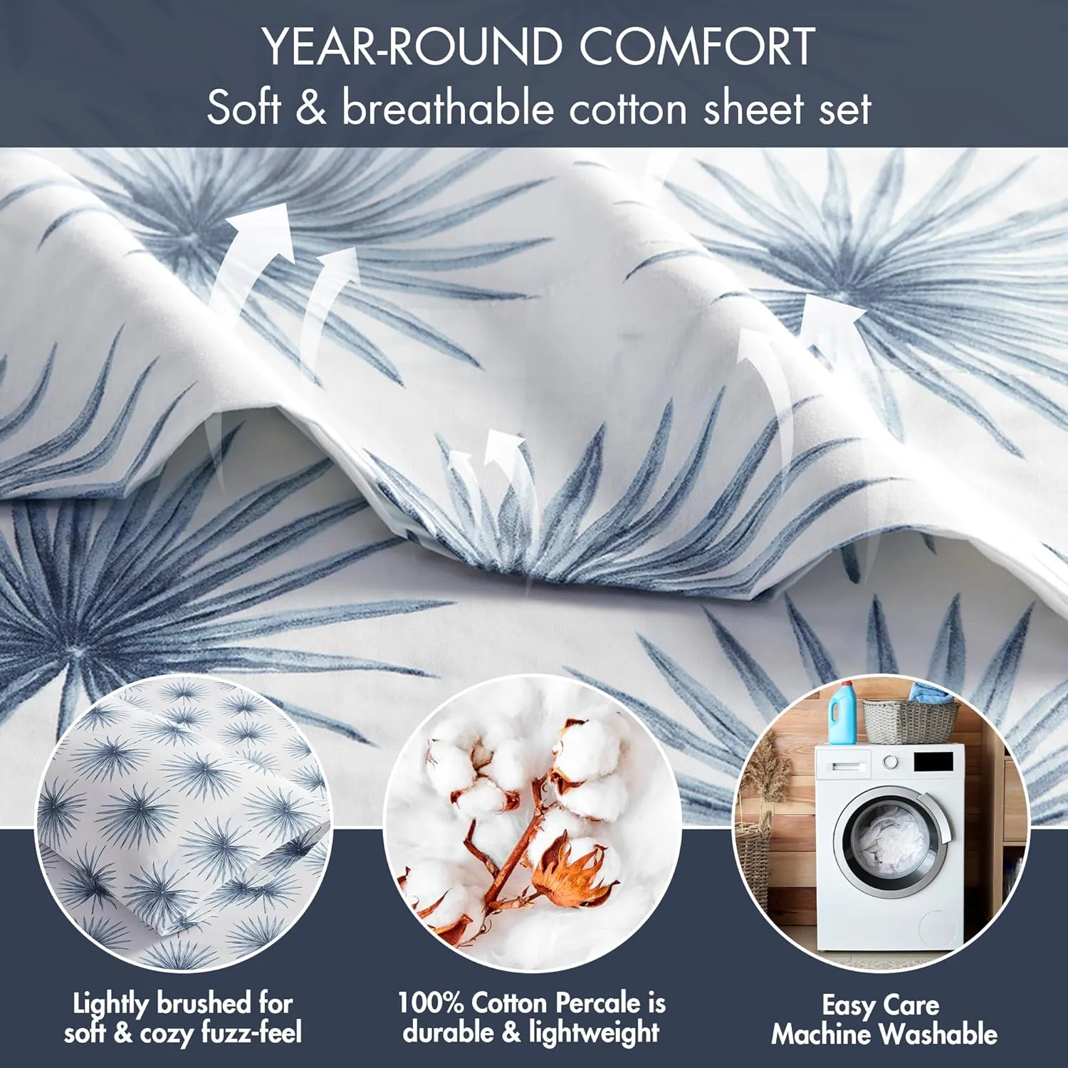 Madison Park 100% Cotton Sheets, Breathable & Soft Cotton Bed Sheets, Printed Design, Elastic Pocket Cotton Sheet Set Fits Up to 17" Mattress, All Season, Full Blue Palmetto 4 Piece
