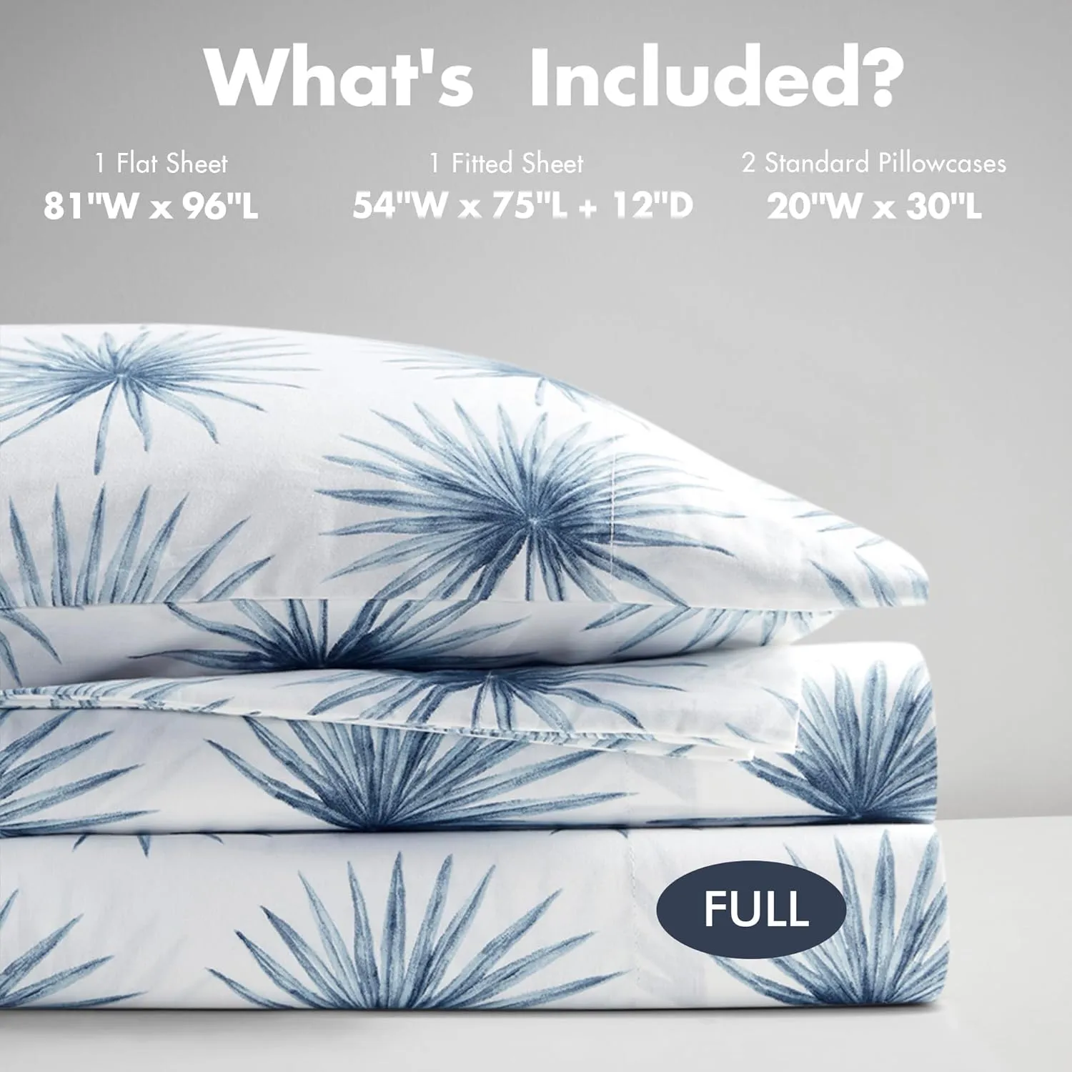 Madison Park 100% Cotton Sheets, Breathable & Soft Cotton Bed Sheets, Printed Design, Elastic Pocket Cotton Sheet Set Fits Up to 17" Mattress, All Season, Full Blue Palmetto 4 Piece