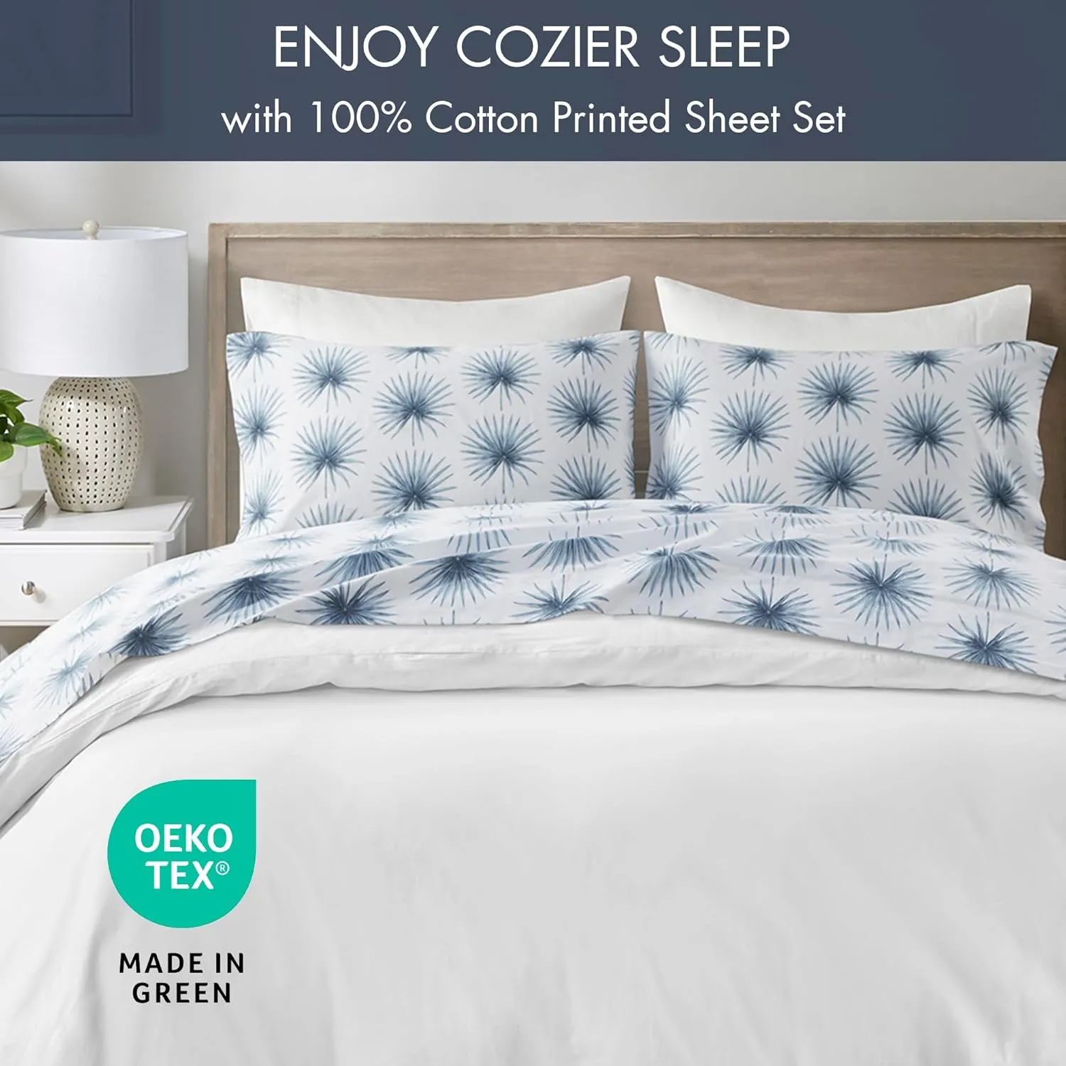 Madison Park 100% Cotton Sheets, Breathable & Soft Cotton Bed Sheets, Printed Design, Elastic Pocket Cotton Sheet Set Fits Up to 17" Mattress, All Season, Full Blue Palmetto 4 Piece