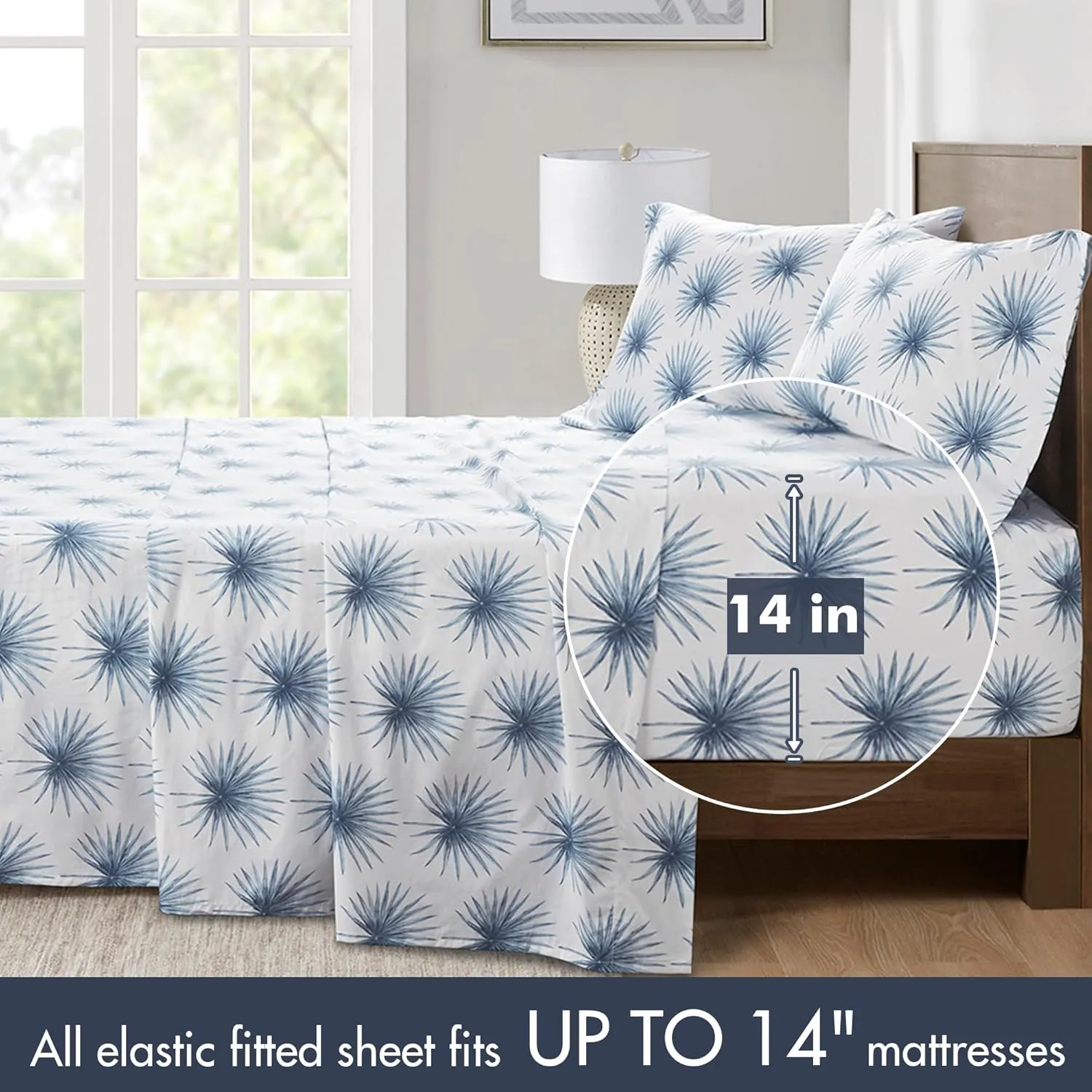Madison Park 100% Cotton Sheets, Breathable & Soft Cotton Bed Sheets, Printed Design, Elastic Pocket Cotton Sheet Set Fits Up to 17" Mattress, All Season, Full Blue Palmetto 4 Piece