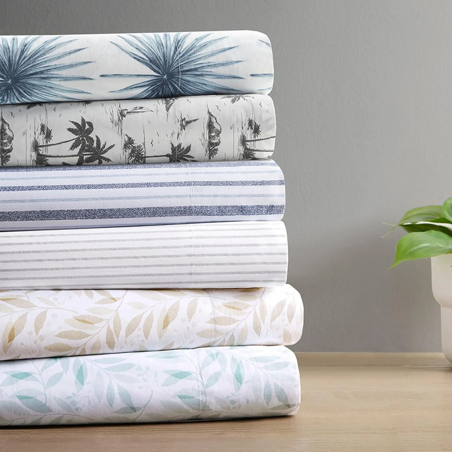 Madison Park 100% Cotton Sheets, Breathable & Soft Cotton Bed Sheets, Printed Design, Elastic Pocket Cotton Sheet Set Fits Up to 17" Mattress, All Season, Full Blue Palmetto 4 Piece