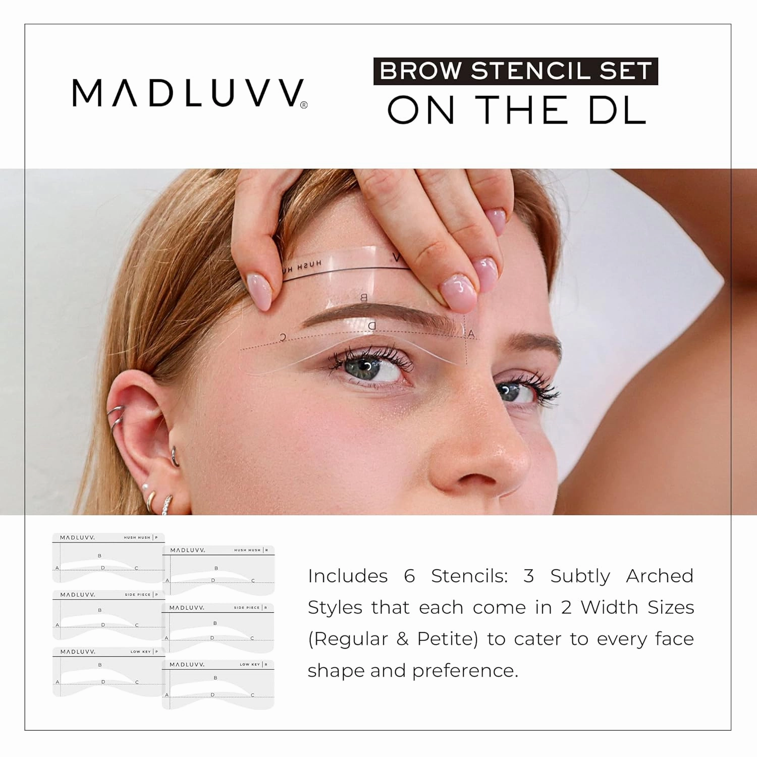 MADLUVV Eyebrow Shaper Stencils, Reusable Brow Mapping Template for PMU Professionals, Semi-Permanent Makeup Mapping, 6 Stencils (3 Stencil Shapes in Both Petite and Regular Sizes) - On The DL Set