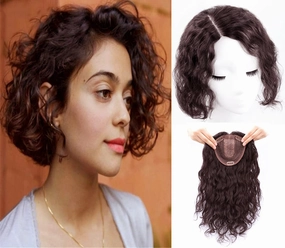 Maery Curly Wavy 100 percent Human Hair Topper For Women with Thinning Crown Clip in Extentions Hairpiece On Toupee Piece Cover Gray Hair(Right Part,Dark Brown), 8 inch(Right Part)