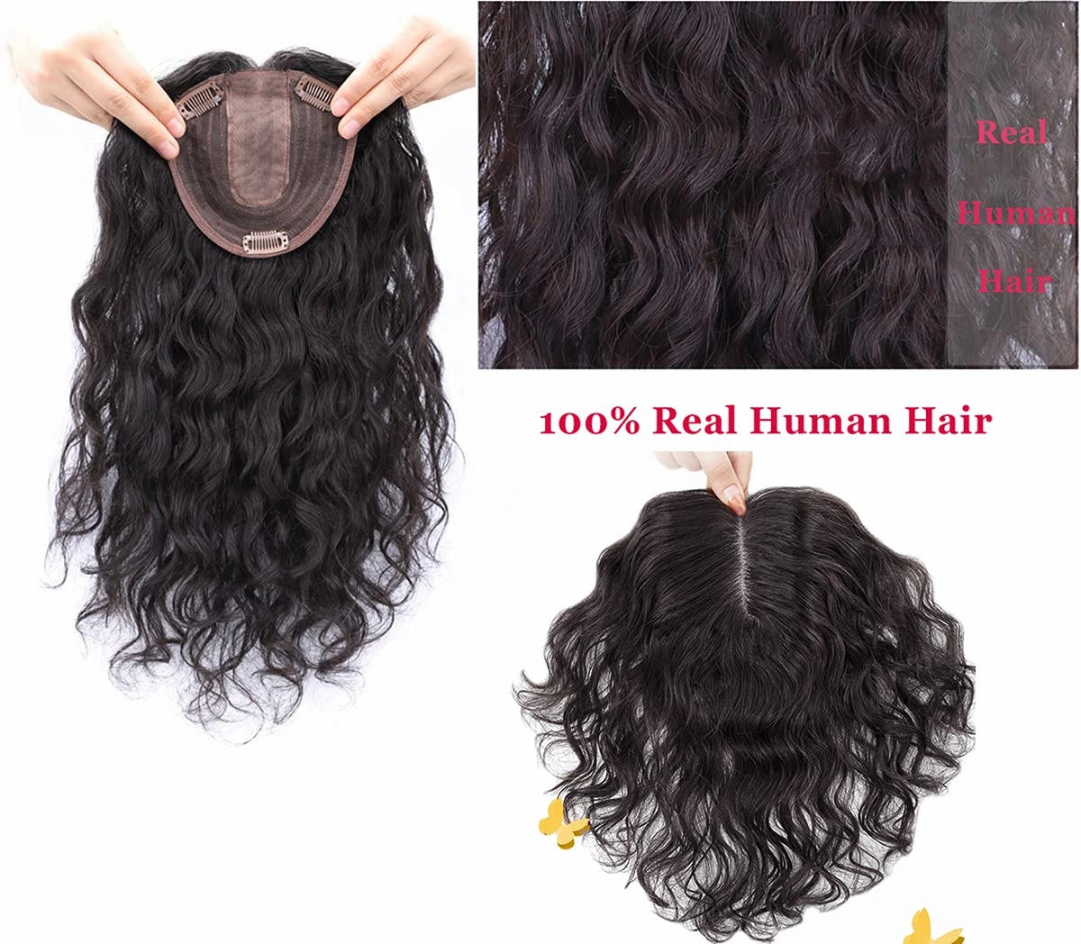 Maery Curly Wavy 100 percent Human Hair Topper For Women with Thinning Crown Clip in Extentions Hairpiece On Toupee Piece Cover Gray Hair(Right Part,Dark Brown), 8 inch(Right Part)