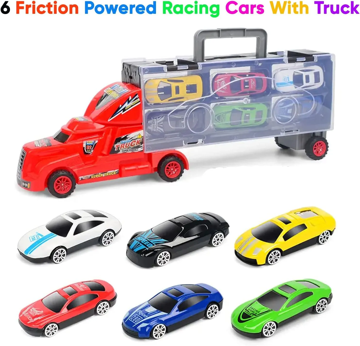 Maggie Large Toy Truck Transport Vehicle Set with 6 Metal Alloy Stylish Friction Powered Racing Cars for Toddlers, Kids, Children