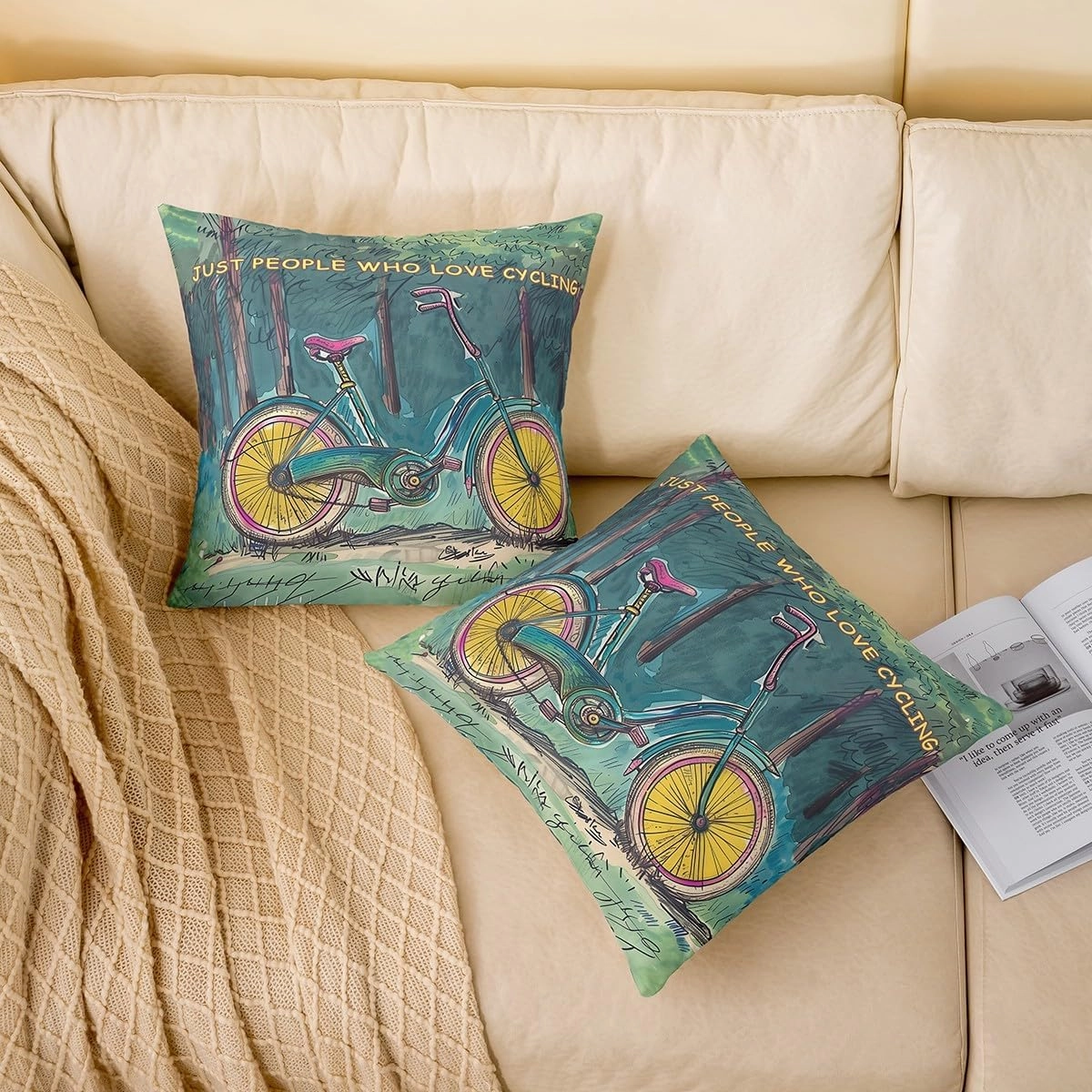 Manfei Cycling Double Sides Print Pillow Covers,Vintage Bicycle Natural Jungle Green Blue Paint Throw Pillow Case Covers,Extreme Sports Adventure Biking 20"x 20" Cushion Covers,Pack of 2