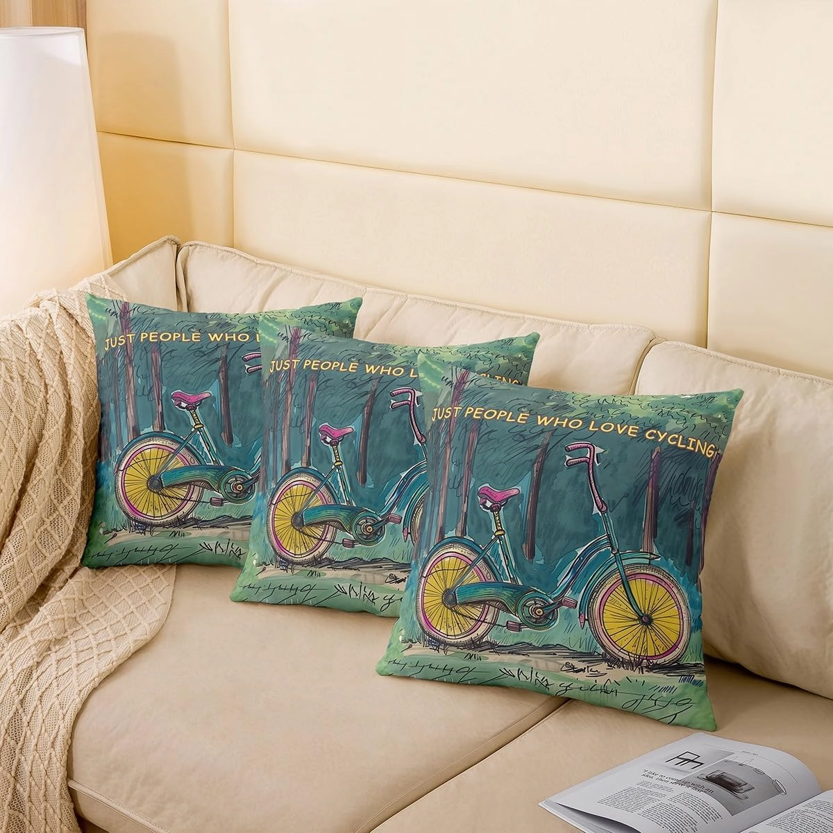 Manfei Cycling Double Sides Print Pillow Covers,Vintage Bicycle Natural Jungle Green Blue Paint Throw Pillow Case Covers,Extreme Sports Adventure Biking 20"x 20" Cushion Covers,Pack of 2
