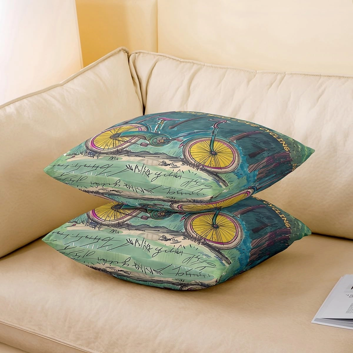 Manfei Cycling Double Sides Print Pillow Covers,Vintage Bicycle Natural Jungle Green Blue Paint Throw Pillow Case Covers,Extreme Sports Adventure Biking 20"x 20" Cushion Covers,Pack of 2