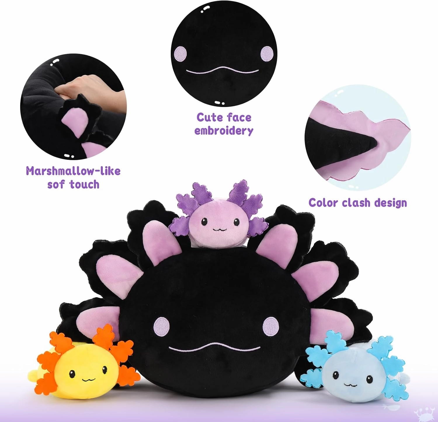 MaoGoLan 4Pcs Giant Axolotl Plush with 3 Babies Inside-23.5" Large Ultra Soft Axolotl Stuffed Animals Throw Pillow-Squishy Stuffed Axolotl Plush Collection Gift for Axolotl Lover,Kids,Teens,Black